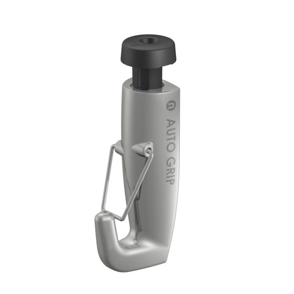 Gray Auto Grip handheld tool with a black top knob and a spring-loaded metal hook for gripping items.