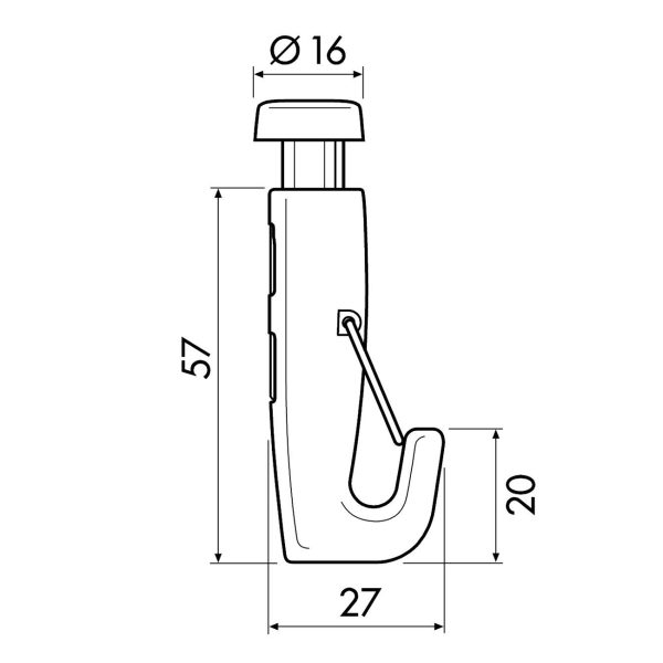 Technical drawing of a hook-shaped clamp with dimensions: overall height 57 mm, base width 27 mm, bottom hook height 20 mm, top diameter 16 mm.