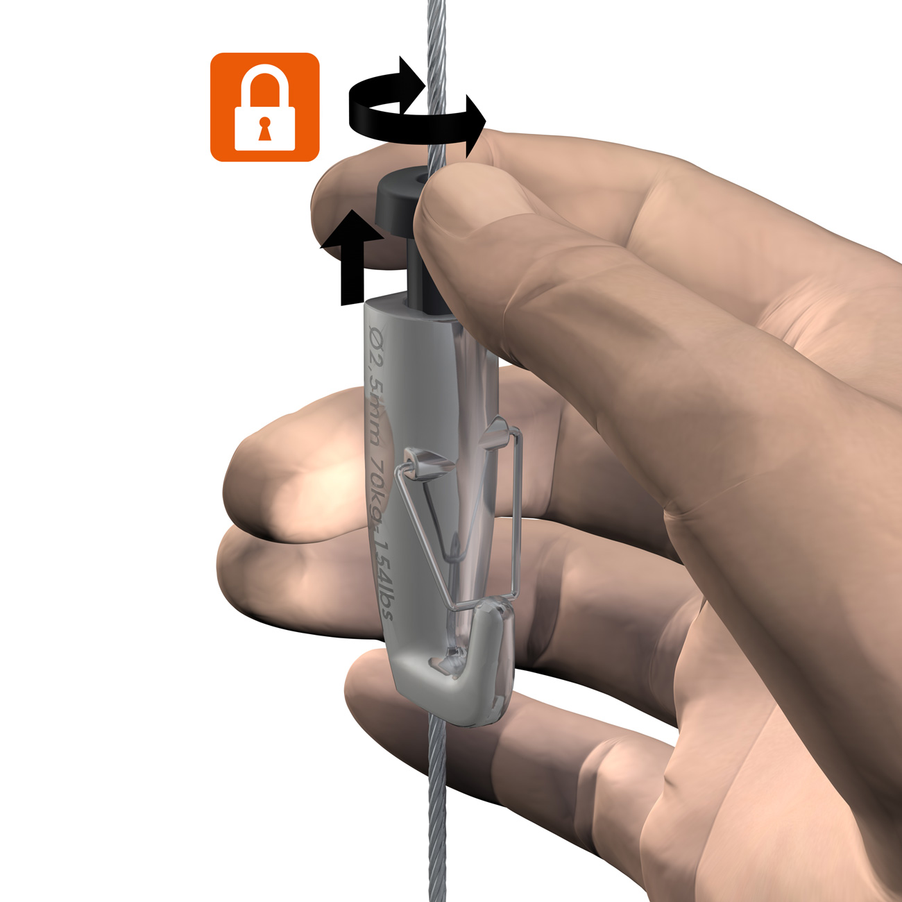 Close-up of a hand threading a steel rope through a locking clamp to secure a cable.
