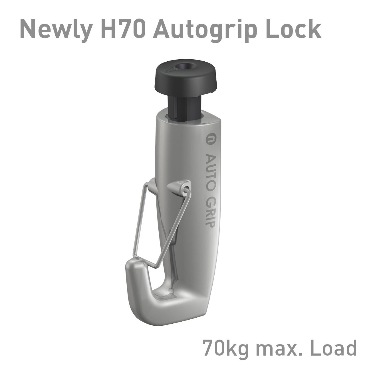 H70 Autogrip Lock device with metal hook, used to secure loads up to 70 kg (product image).