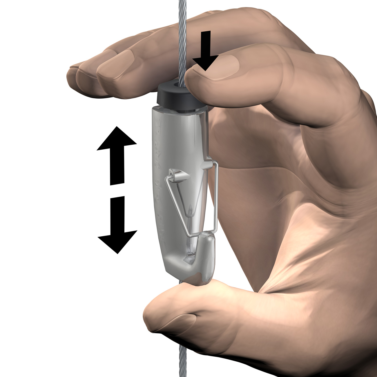 Close-up of a hand holding a small, transparent medical device with a pull wire and a black cap; arrows show vertical movement and pressing to secure the wire.