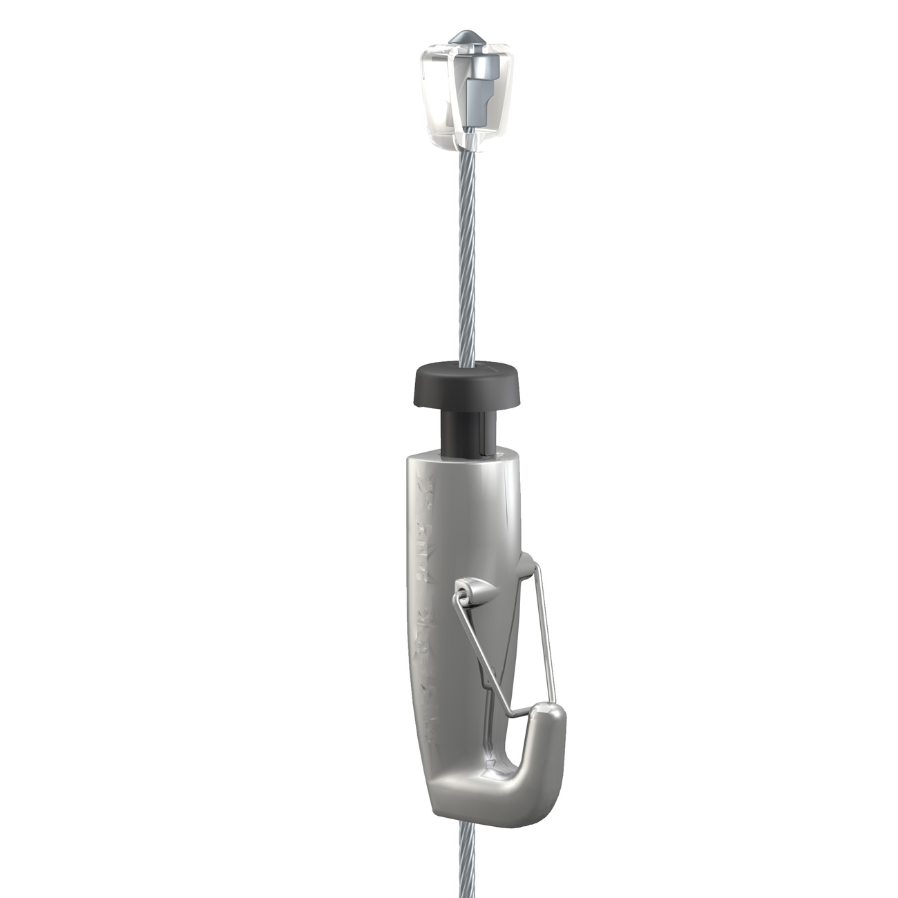 Metal cable clamp on a steel wire rope with a hooked latch, used to secure loads on a rigging setup.