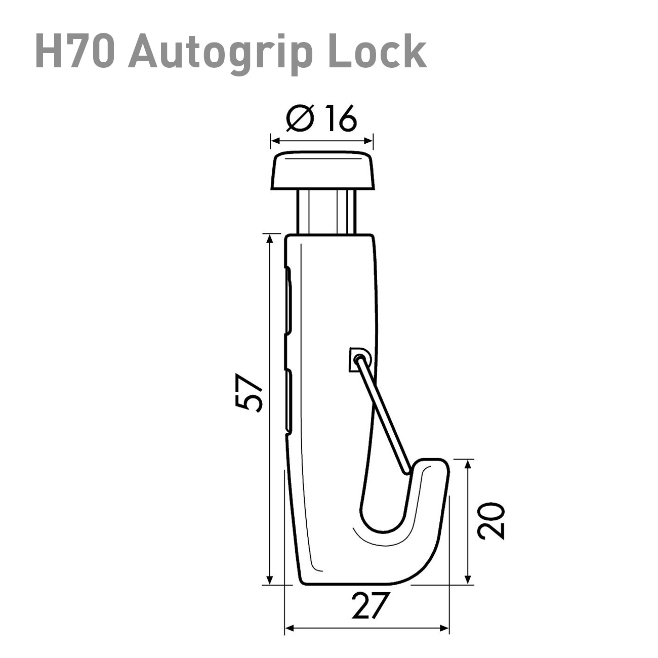 Technical line drawing of H70 Autogrip Lock showing dimensions: overall height 57 mm, base width 27 mm, hook opening 20 mm, top cap diameter Ø16 mm.
