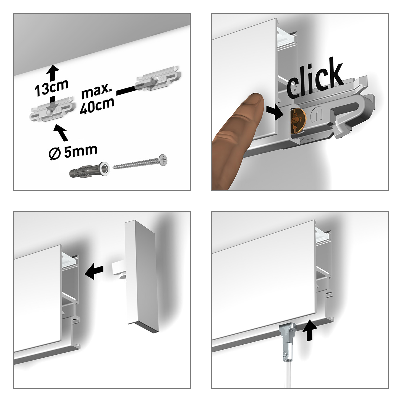 Exploded view of a mounting rail with spacers and screws, showing 13 cm and max 40 cm distances and a 5 mm hole