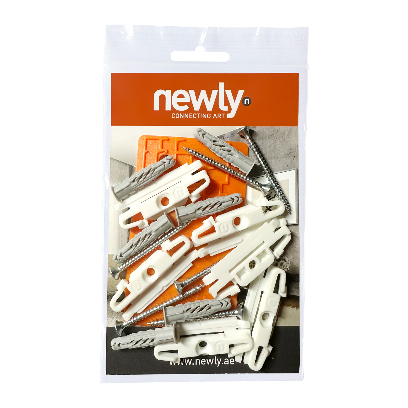Plastic wall anchors and metal screws in a clear bag with an orange 'newly' label on top.