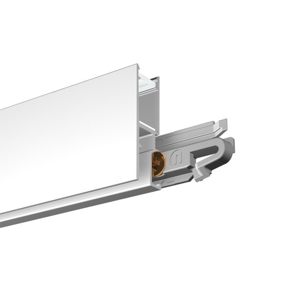 Isometric close-up of a silver cabinet drawer slide with an orange screw, showing the track and locking mechanism.
