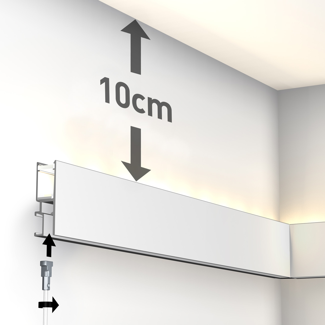 Diagram showing a 10 cm vertical clearance with up and down arrows indicating the distance above a suspended beam.