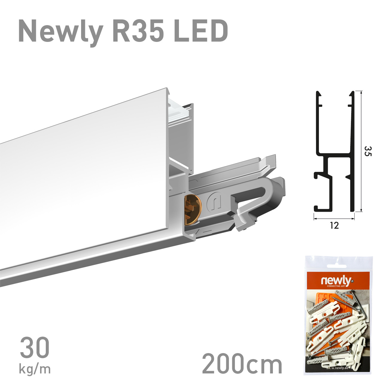 Cross‑section and end view of the Newly R35 LED aluminum profile with connector; dimensions 35 mm height, 12 mm width, 200 cm length, packaging shown.