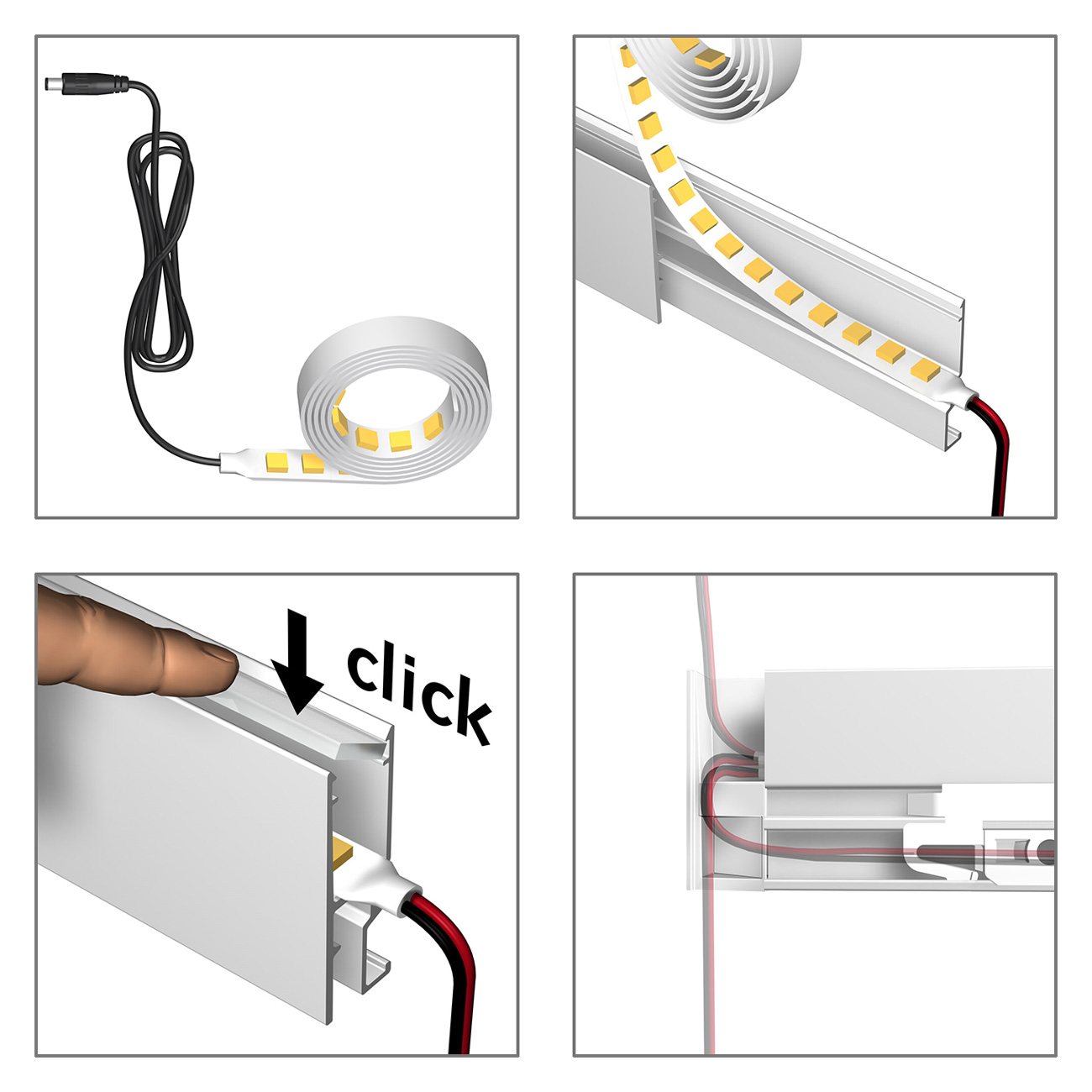 LED LED strip with power cable laid out and curved coil, ready to install in a frame (informational).