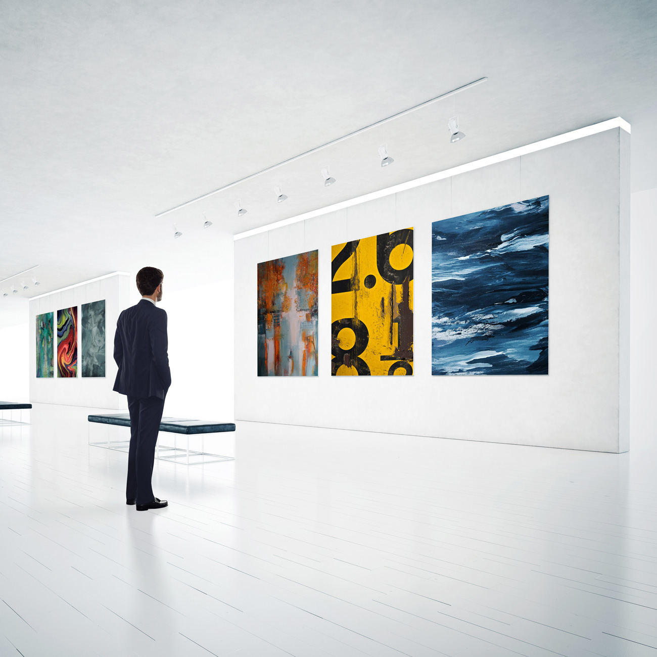 A man in a suit stands in a bright white gallery, observing large abstract paintings on a wall.