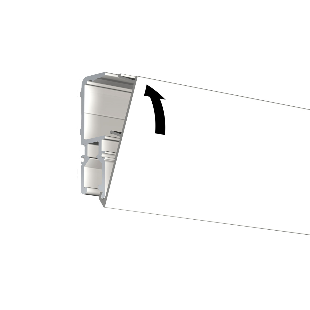Cross-sectional view of a mounting bracket with a panel being rotated upward.