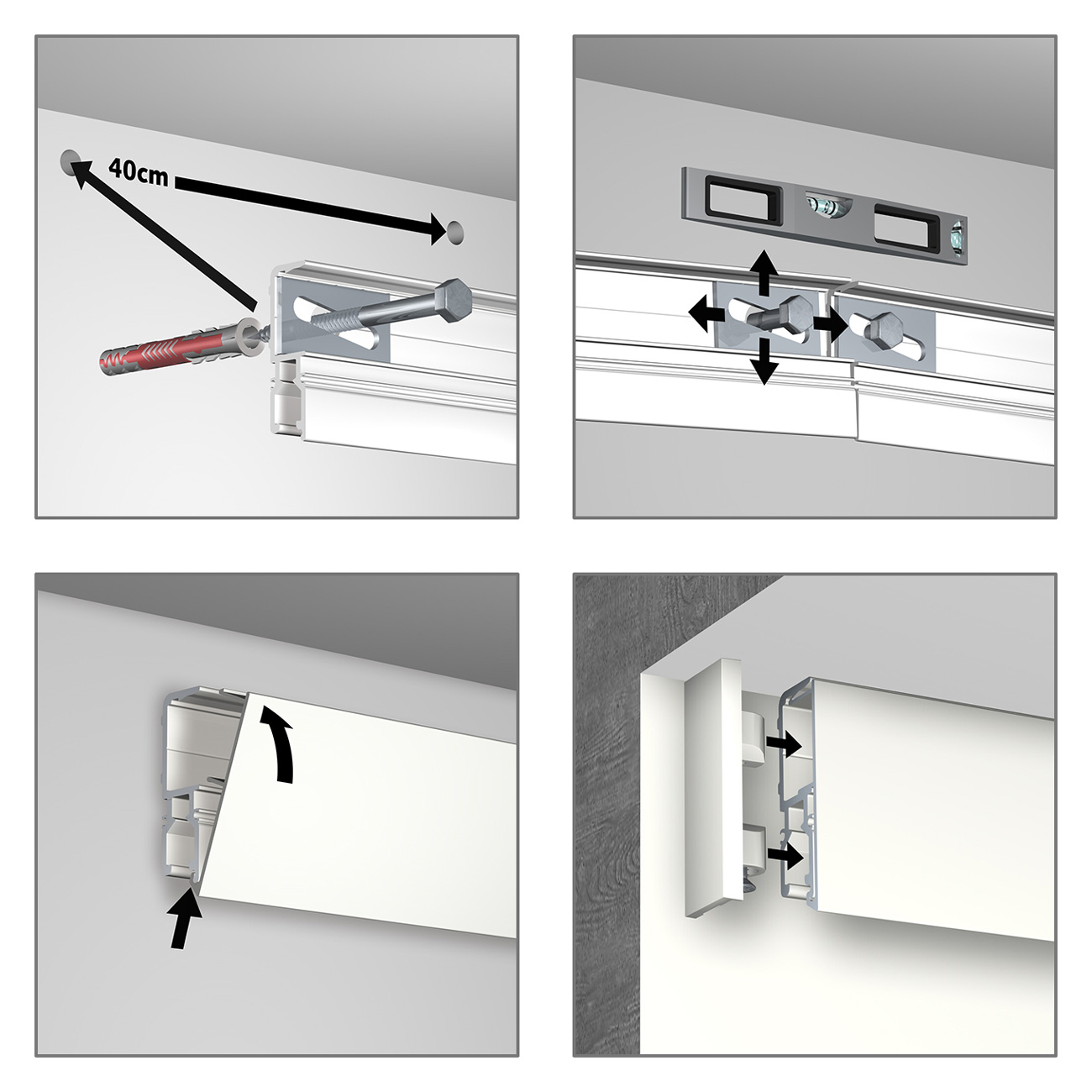 Installing the wall bracket: drilling holes about 40 cm apart and inserting a wall anchor as a long bolt is being screwed in.