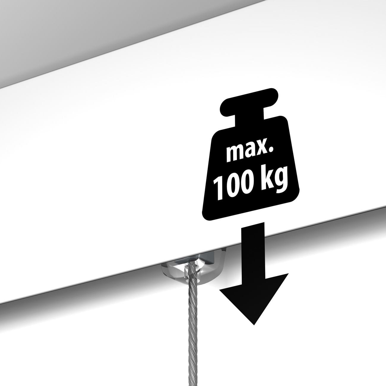 Weight limit sign reading 'max. 100 kg' hanging from a rope.