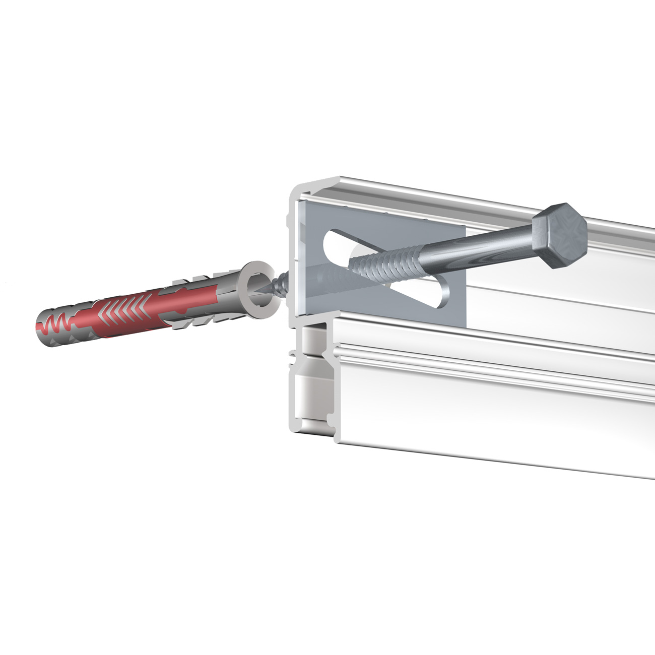Cutaway view of a screw drive engaging a rail in a sliding-door/mechanical track system.
