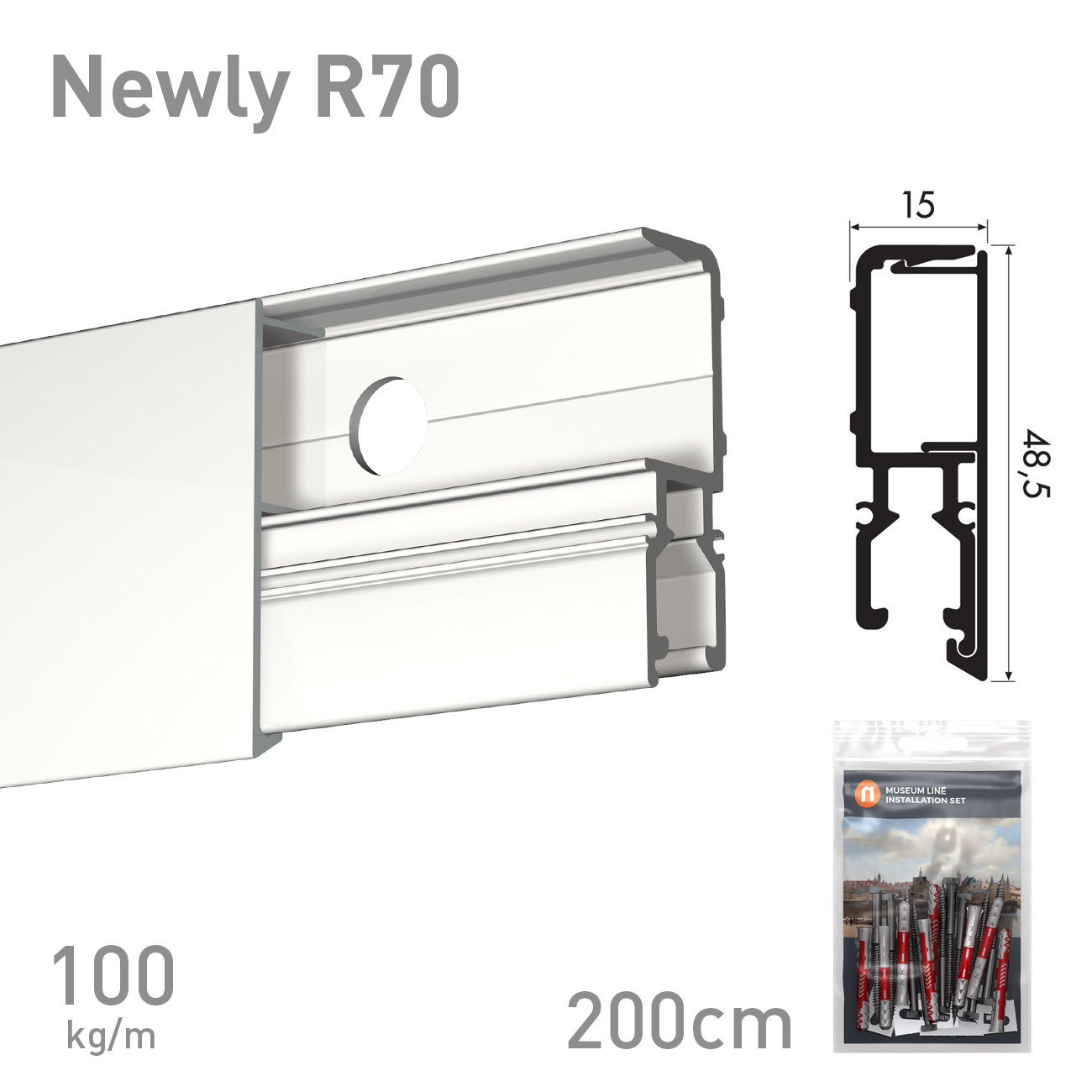 Cross-section of a sliding door rail system with a mounting block; shows dimensions and profile details for the Newly R70 kit.