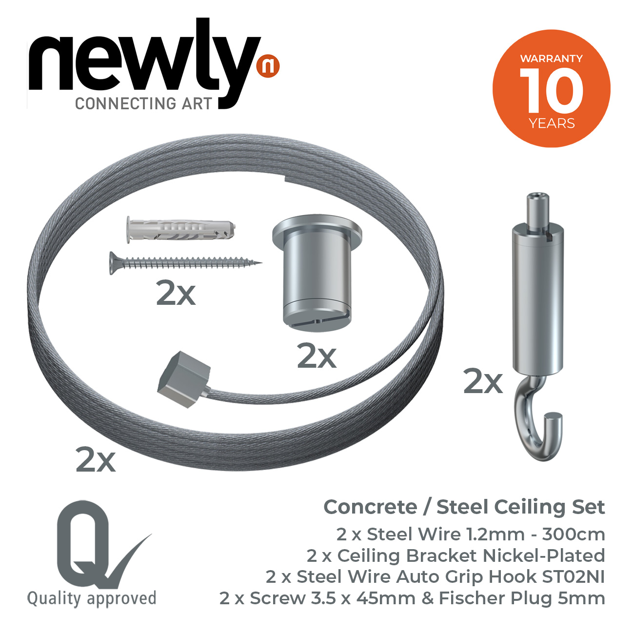 ceiling mounting kit with steel wire, brackets, hook, and screws; includes 2x of each component and a 10-year warranty badge (newly)