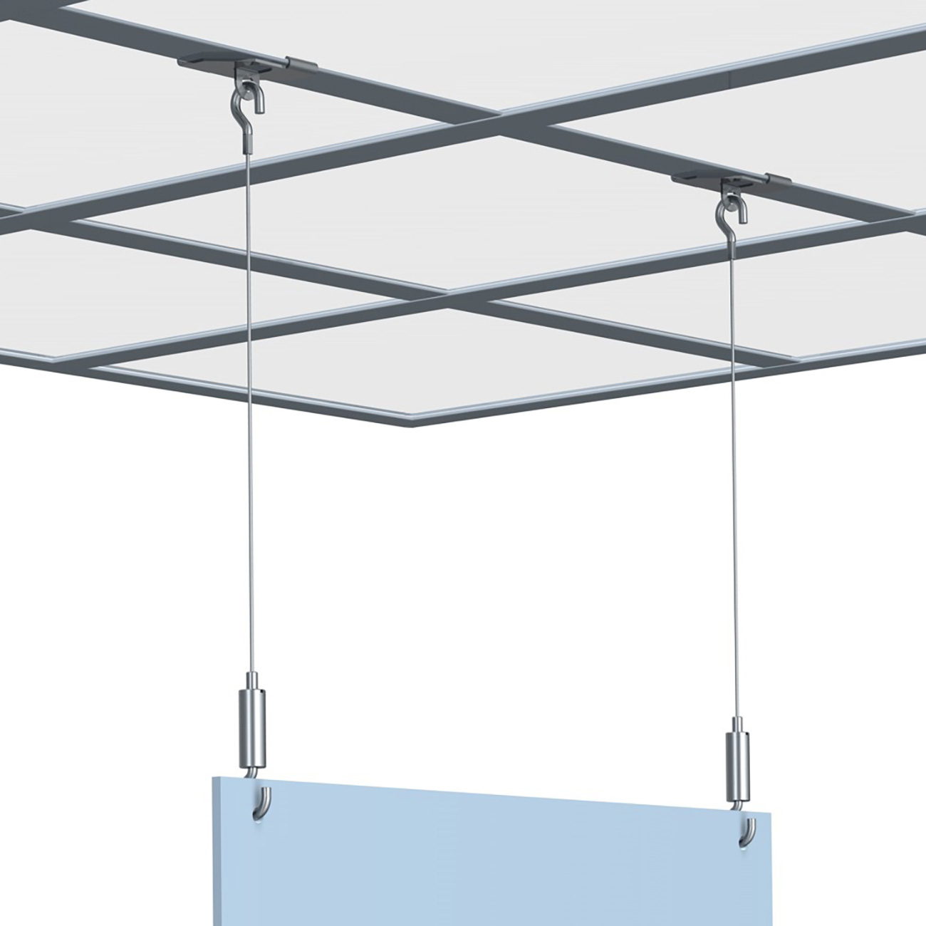 Blue rectangular sign panel suspended from a ceiling by two metal cables with hooks and small pulleys