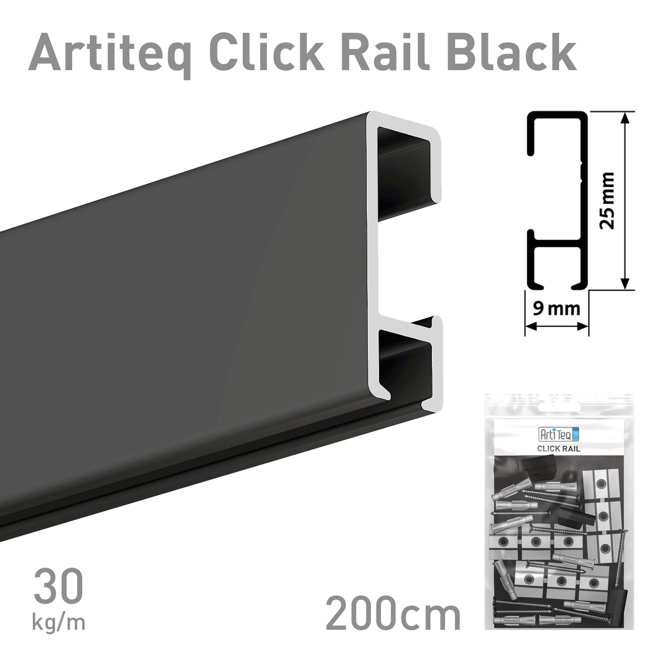 Artiteq Click Rail Black profile with 25 mm cross-section and 200 cm length, shown with hardware kit.