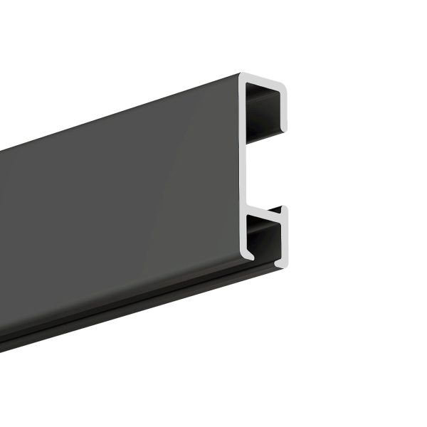 Close-up of a dark gray aluminum extrusion with a white protective edge, showing a U-shaped channel profile.