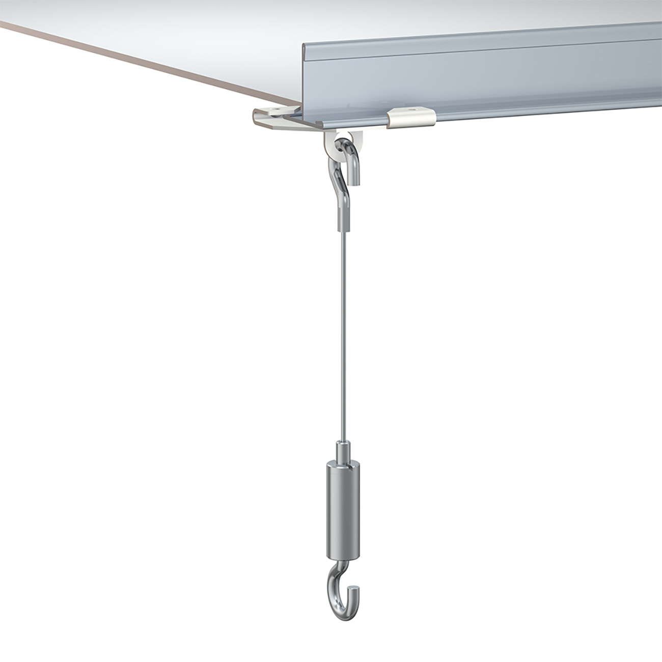 Ceiling-mounted track with a pull cord and metal hook dangling below the suspension system.