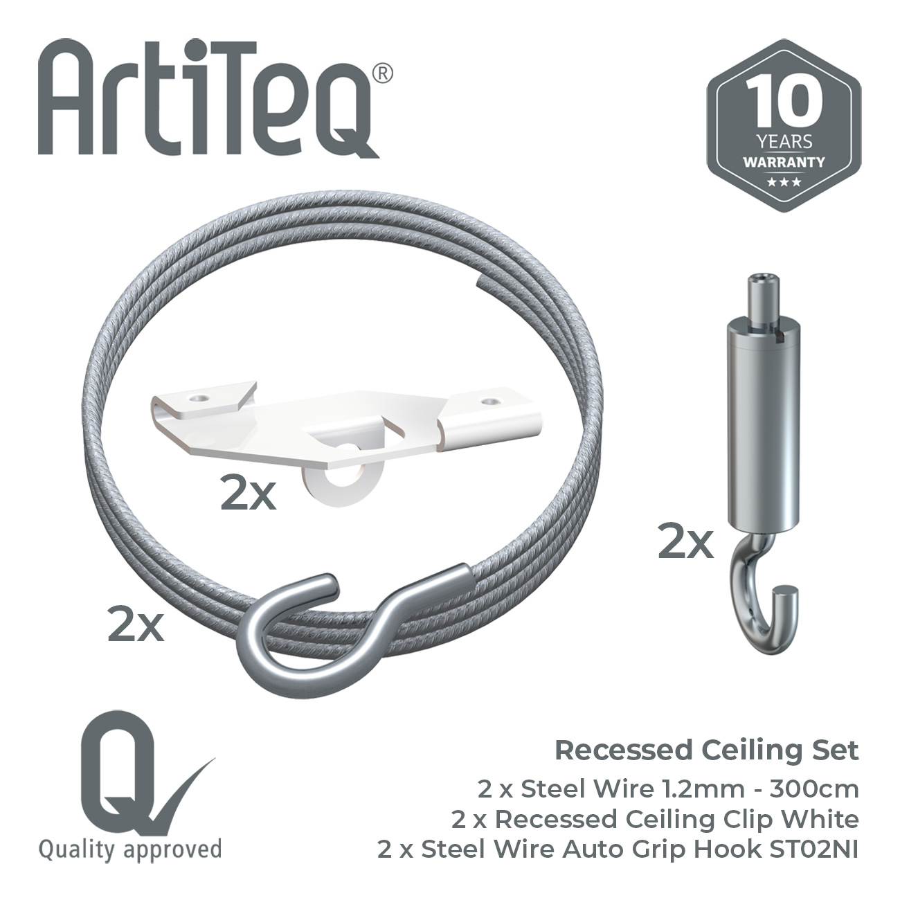 Recessed ceiling set: two steel wire cables with hooks and white ceiling clips, plus two ceiling anchors (ArtIQ brand) with a 10-year warranty badge shown.
