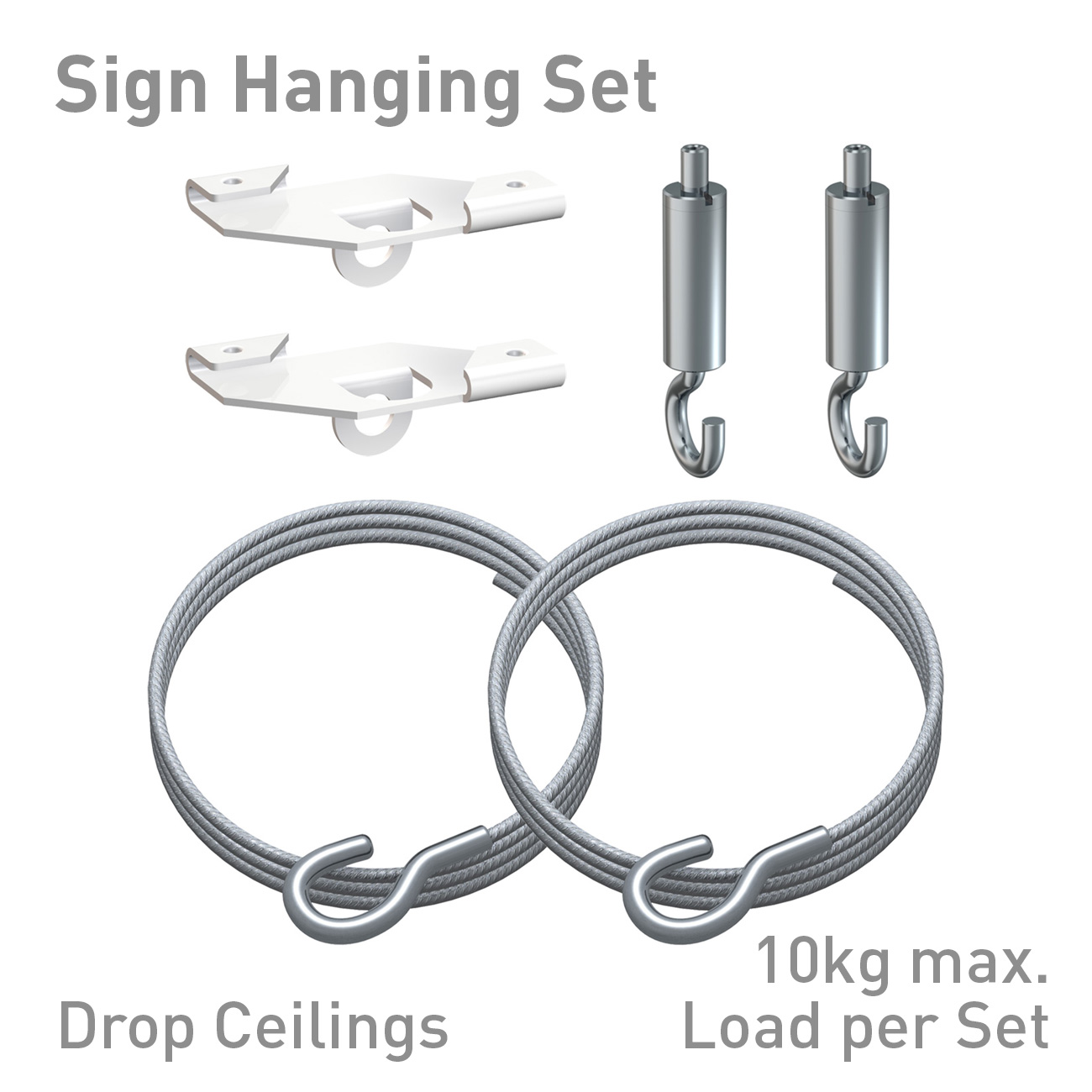 Sign Hanging Set with hooks, cables, and pulleys shown; includes ceiling hooks and stainless cables (max 10 kg).