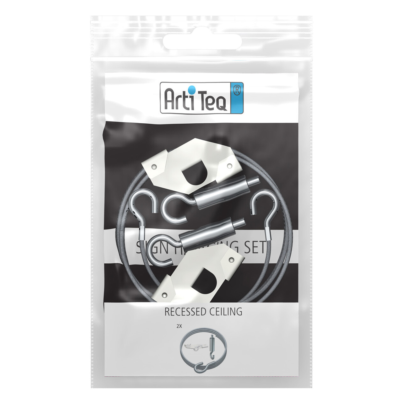Packaging for ArtiTeQ recessed ceiling mounting set, showing metal hooks, cables, and connector pieces inside a plastic bag.