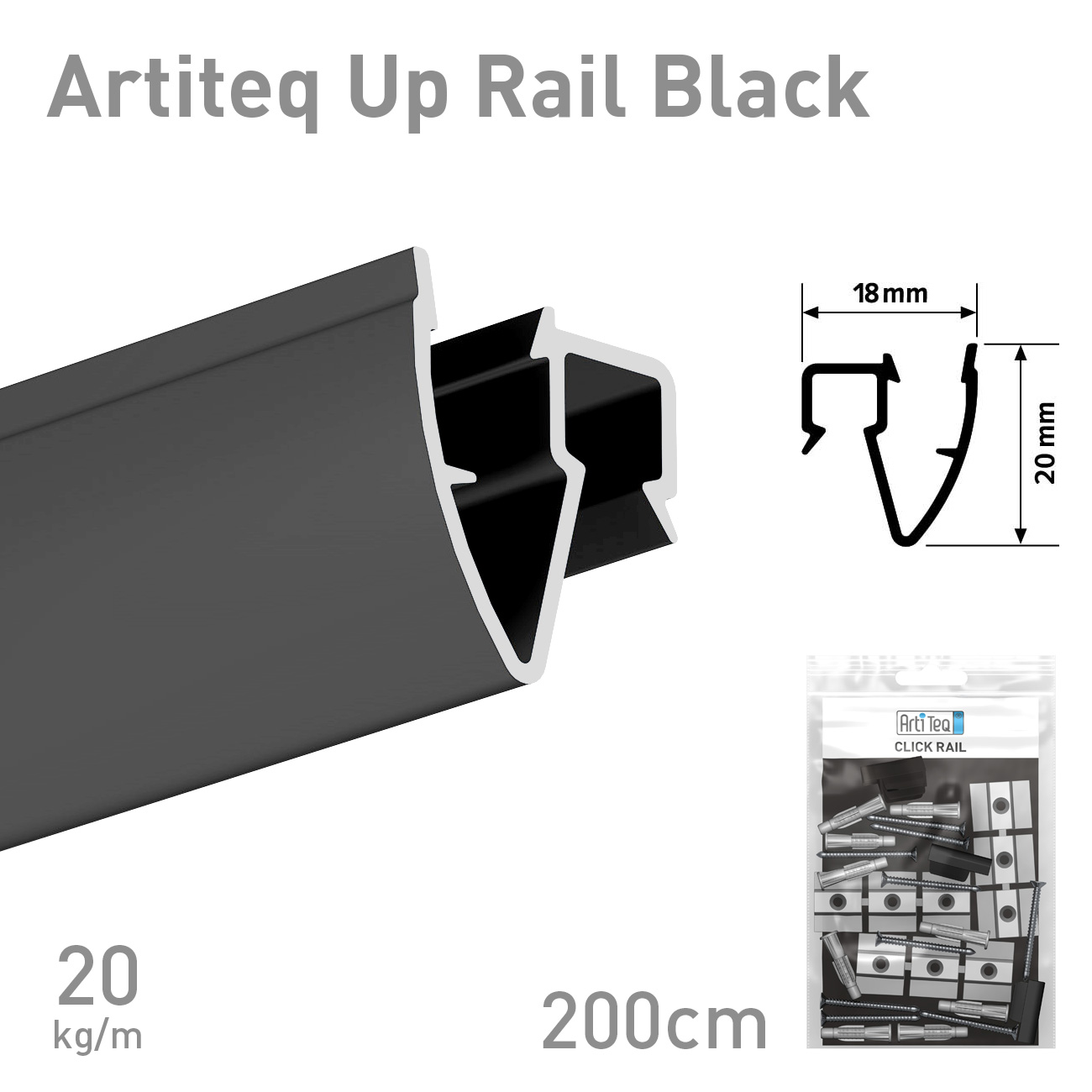 Cross-sectional illustration of Artiteq Up Rail Black rail with a dimension diagram (18 mm width, 20 mm height) and a product bag shown on the right side.
