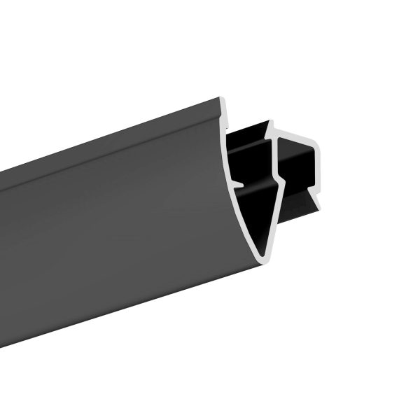 Cross-section of a dark gray extruded rubber seal with a hollow channel and mounting lip/clip features.