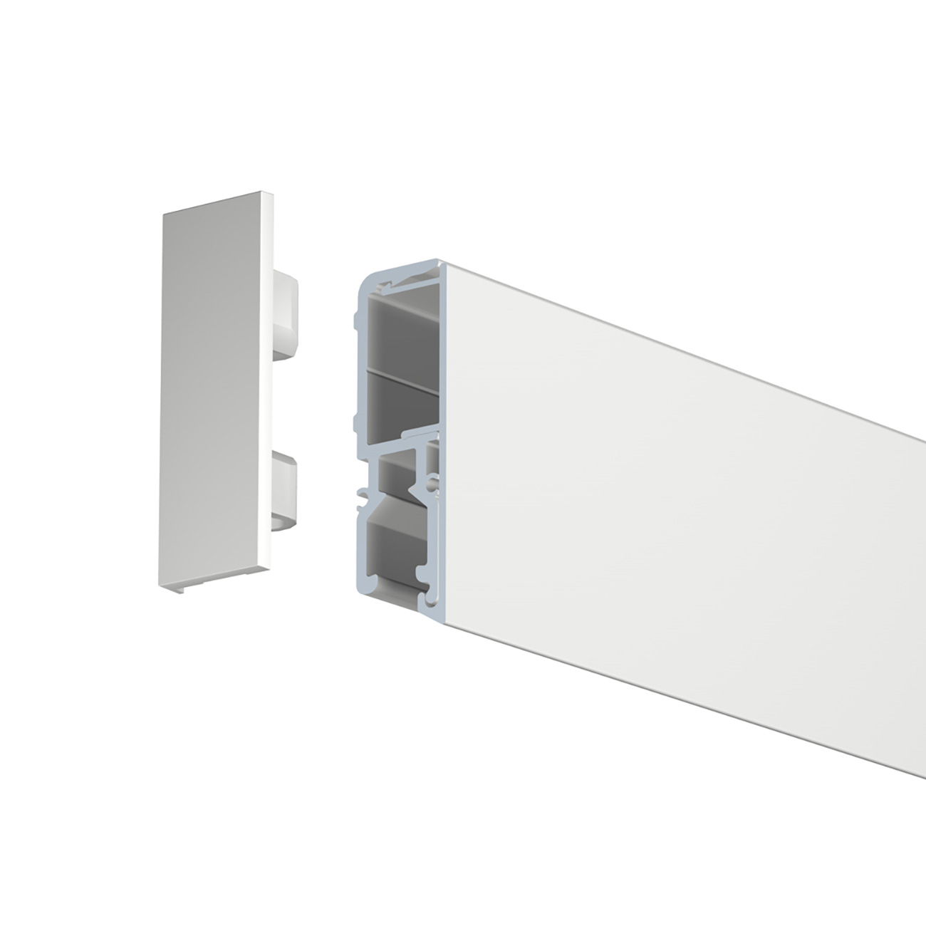 Exploded view of a white door edge with a cross‑sectional hollow profile and a separate front cover panel.