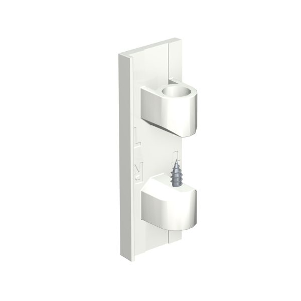 White wall-mounted toilet paper holder with two curved arms holding a roll on a vertical panel.