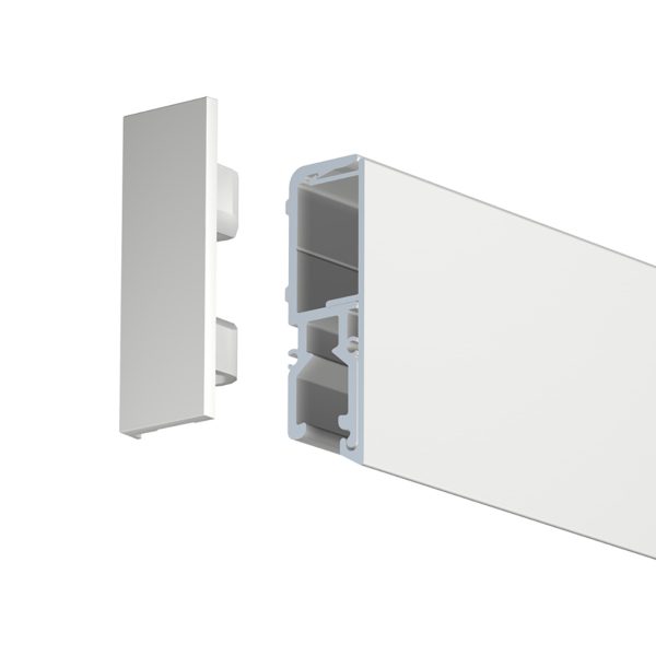 Exploded view of a white wall panel connector: a flat cover plate separated from a hollow aluminum extrusion with internal channels.