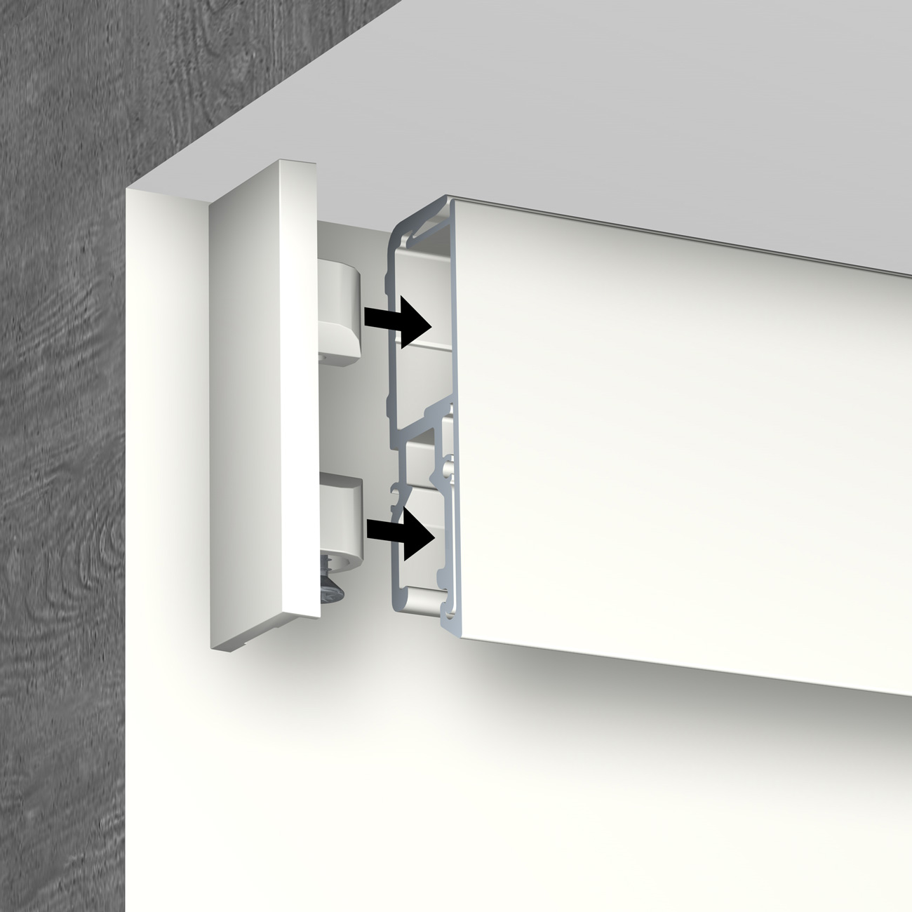 Exploded view of a wall cabinet hinge with a door panel sliding into a mounting rail; two arrows show direction of movement to the right.
