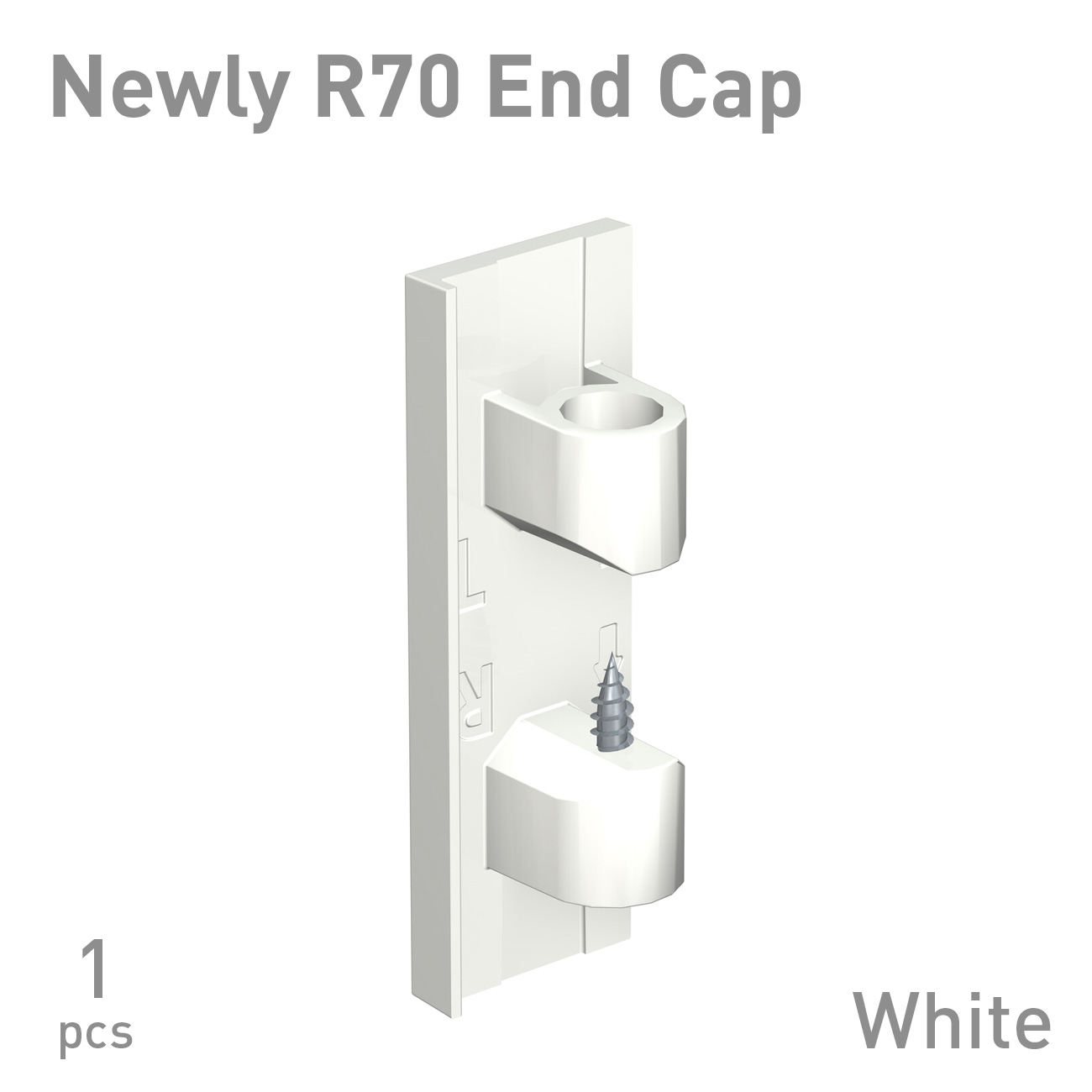 R70 end cap in white attached to a white extrusion, showing a screw opening at the bottom (1 pc)