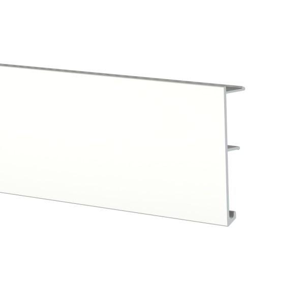 Long white panel with a slim silver metal frame and vertical supports on the right side.