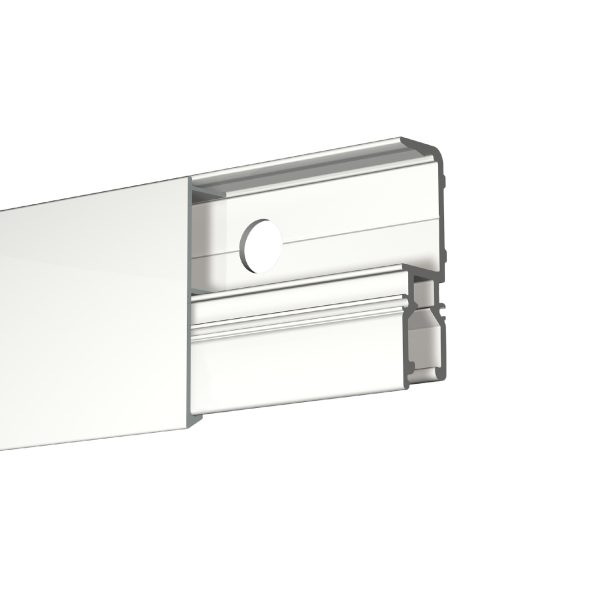 Cross-section of white cabinet hardware showing a sliding rail with a round knob.