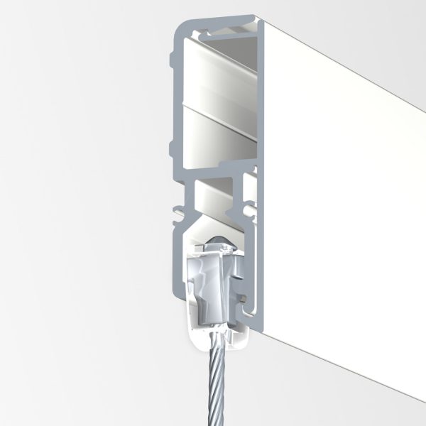 Cross‑sectional view of a vertical mounting channel with a clamp holding a braided steel cable at the bottom.