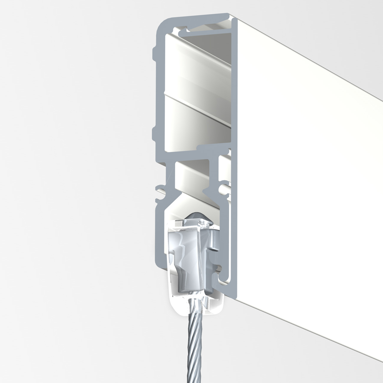 Cross‑sectional view of a vertical mounting channel with a clamp holding a braided steel cable at the bottom.