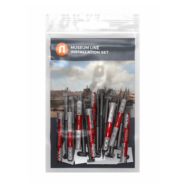 Clear resealable bag labeled 'Museum Line Installation Set' containing various gray and red installation tools with a cityscape backdrop on the label image.