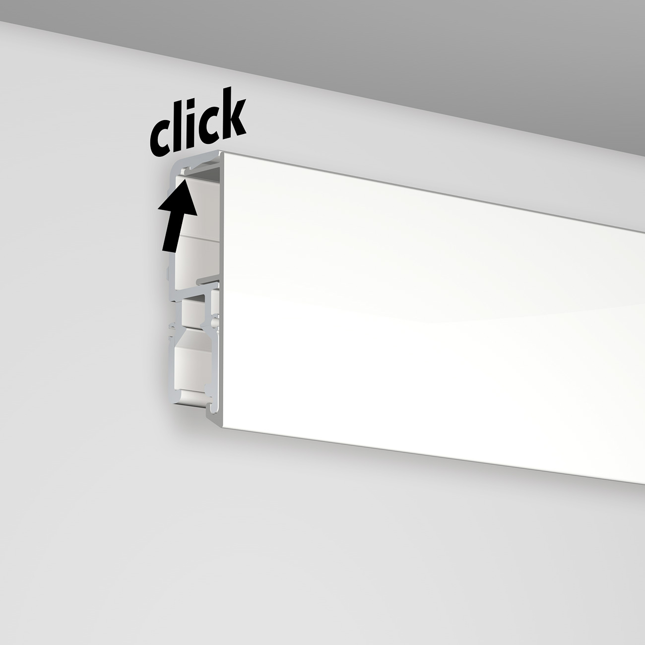 Cross-section of a wall panel with a click-lock mounting rail and an arrow pointing to the installation area
