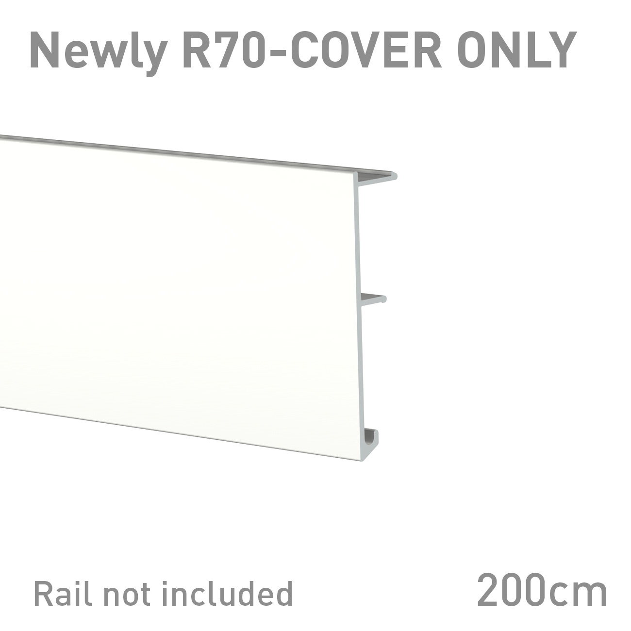 White R70 cover panel with slim silver side rails; rail not included, 200 cm long