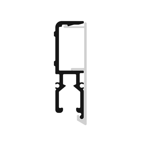 Cross-section of a window frame profile showing a black main frame with gray sash guide and seals.