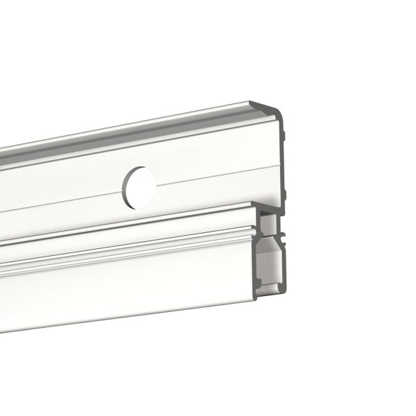 Close-up of a white aluminum curtain track profile with a circular mounting hole at the center.