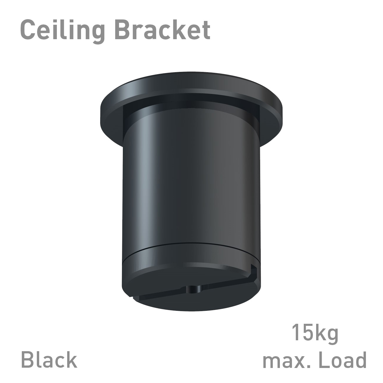 Ceiling mount bracket, black cylindrical with flange, supports up to 15 kg max load.