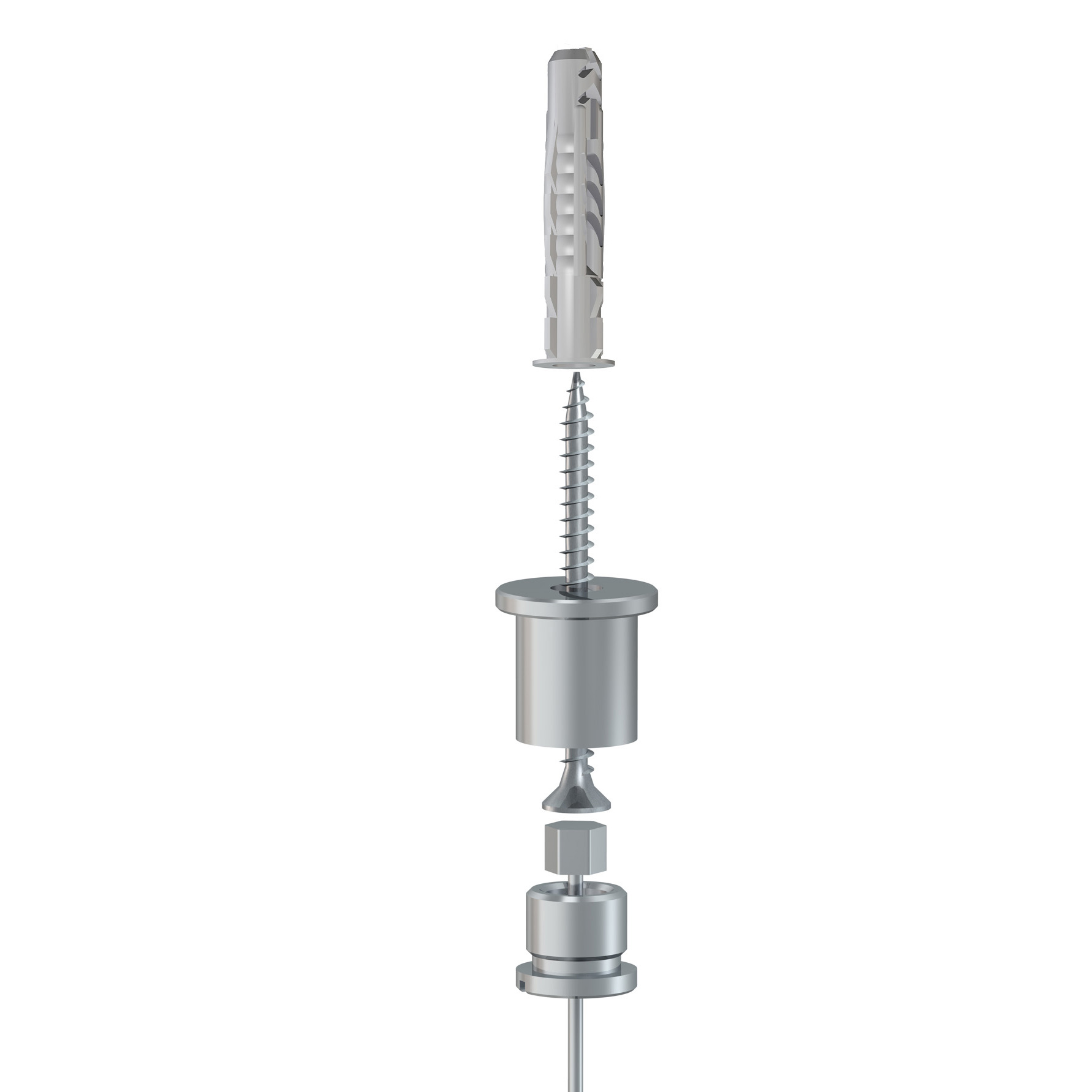 Exploded view of a threaded rod assembly showing screw, piston, and connector components.
