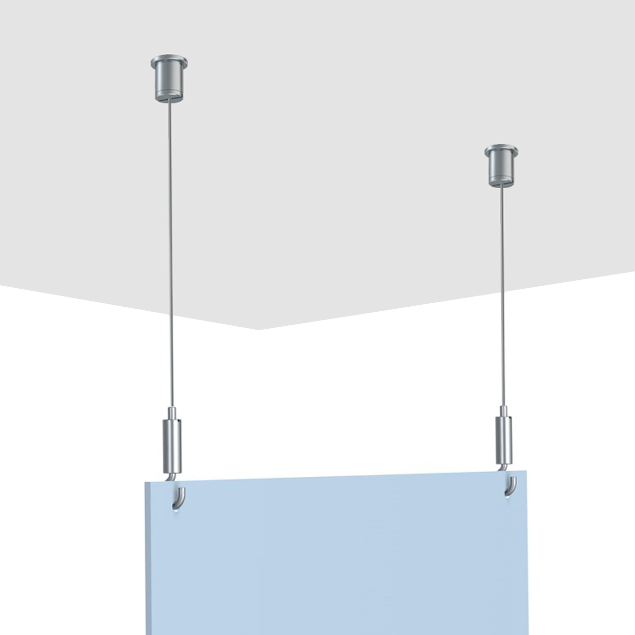 Hanging blue partition suspended by two metal cables from the ceiling with ceiling mounts above and hooks at the panel corners