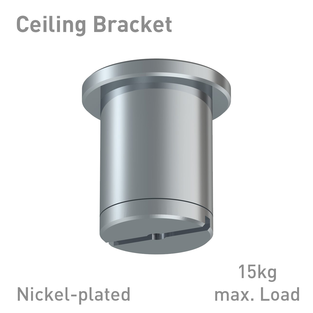 Nickel-plated ceiling bracket with cylindrical housing and flange, supports up to 15 kg.