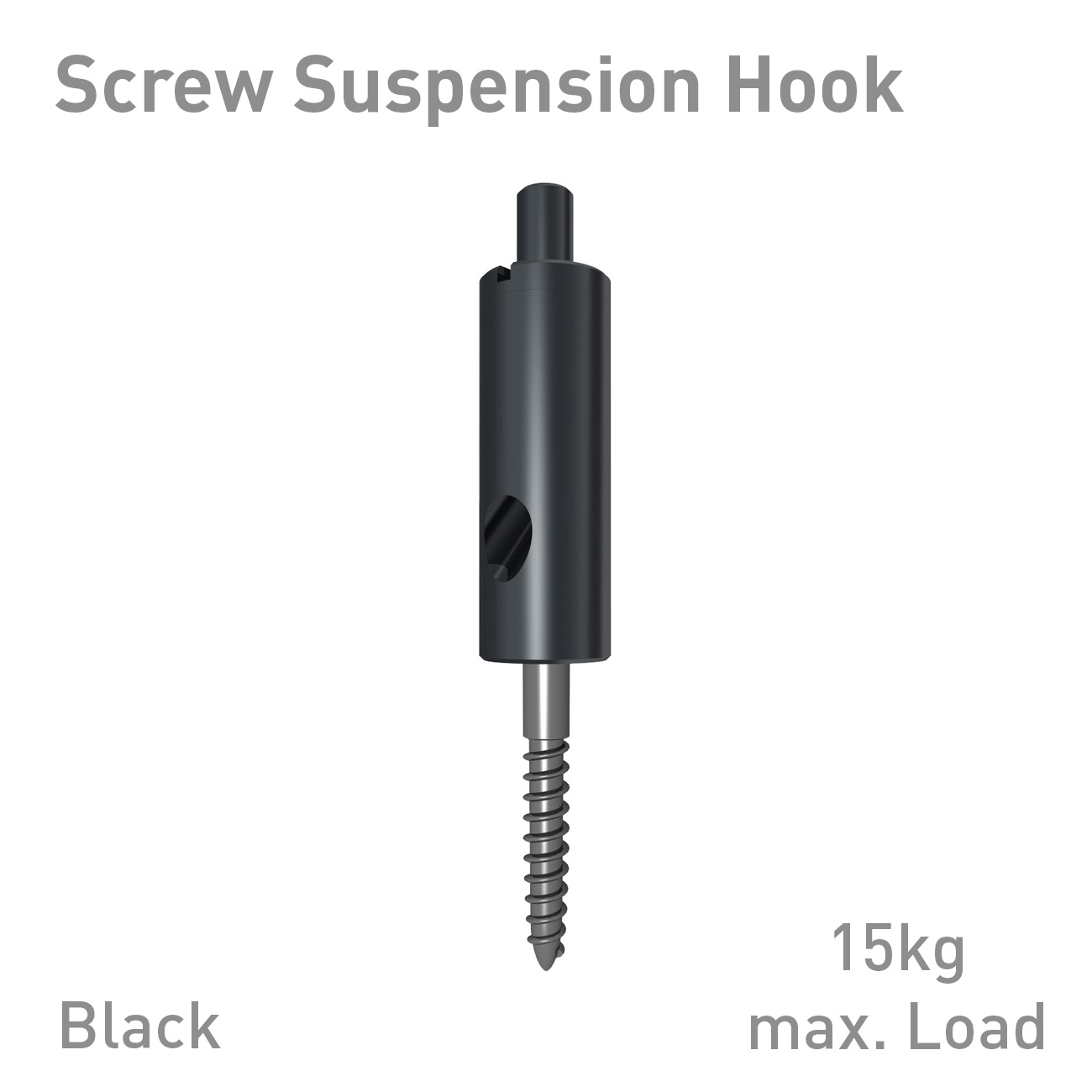 Black screw-in suspension hook with a cylindrical body and threaded shaft; maximum load 15 kg.