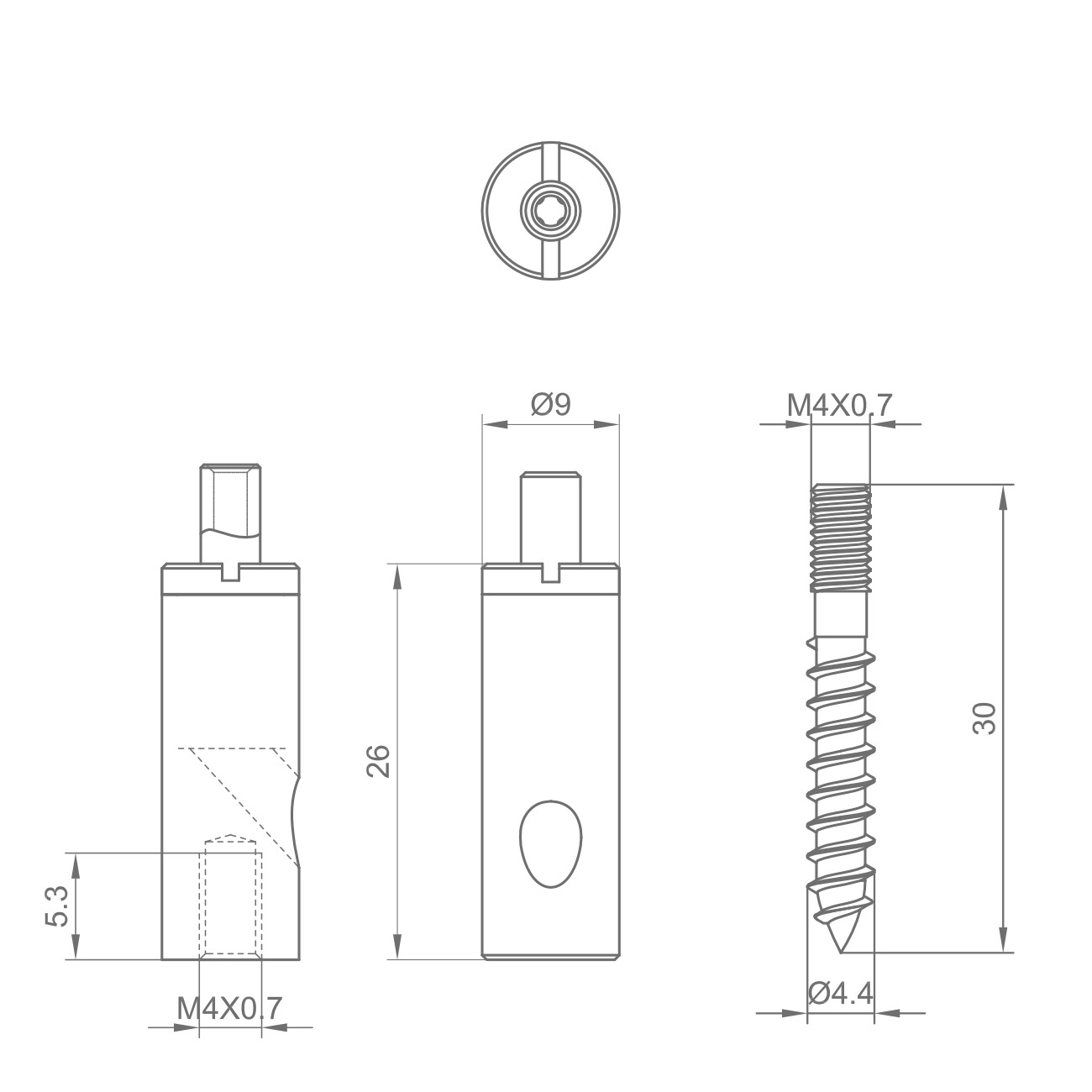 CAD drawing of a small mechanical fastener with top circular feature, side and front profiles, and a threaded screw with dimensions (M4x0.7, Ø9, 30 mm).