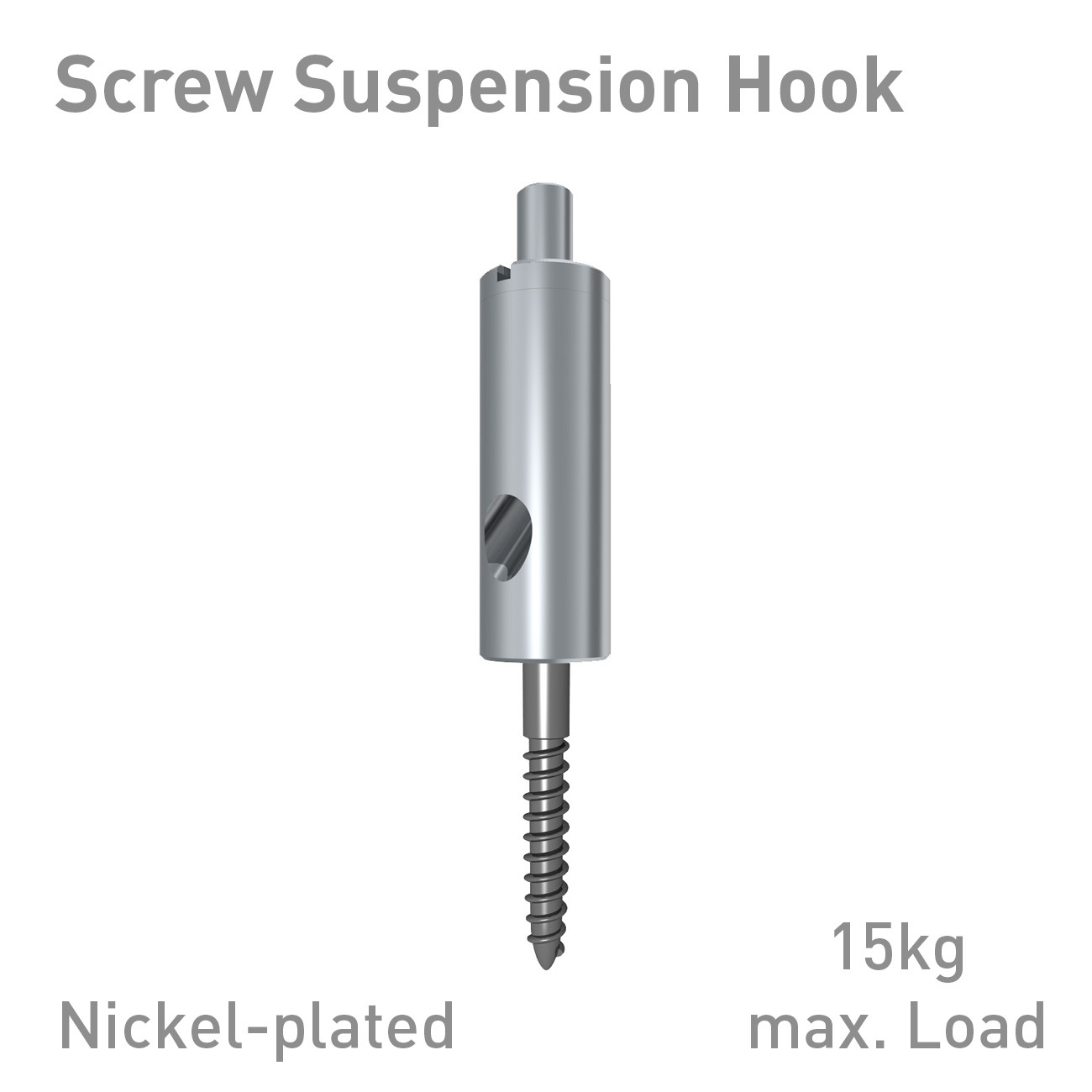Nickel-plated screw suspension hook with a threaded shaft and top mounting—max load 15 kg.
